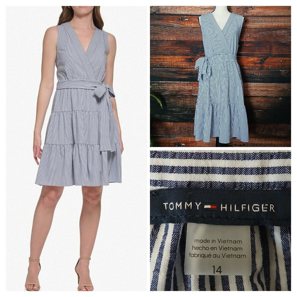 Tommy Hilfiger Dress 14 Tiered Tie Waist Blue White Striped Surplice Seersucker